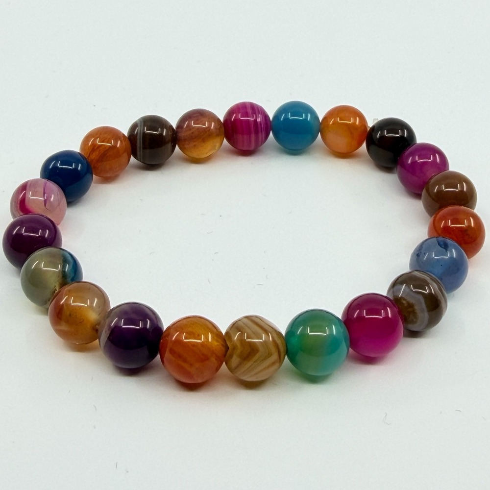 Vintage Rainbow Agate Beaded Stretch Bracelet Colorful Boho Chakra Gemstone